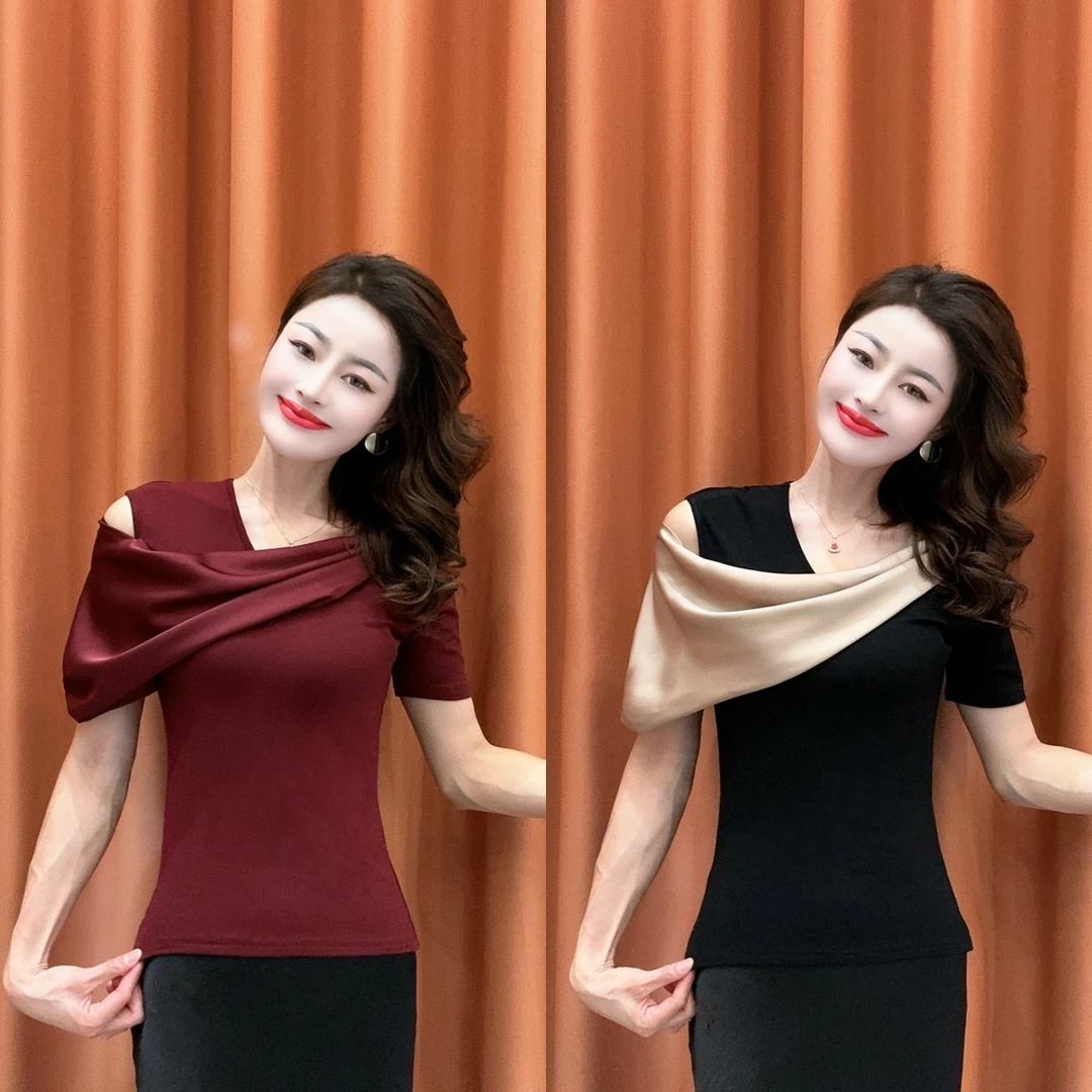 【彰显精致】2025夏季新款设计感拼接缎面露肩T恤时尚显瘦短袖上衣