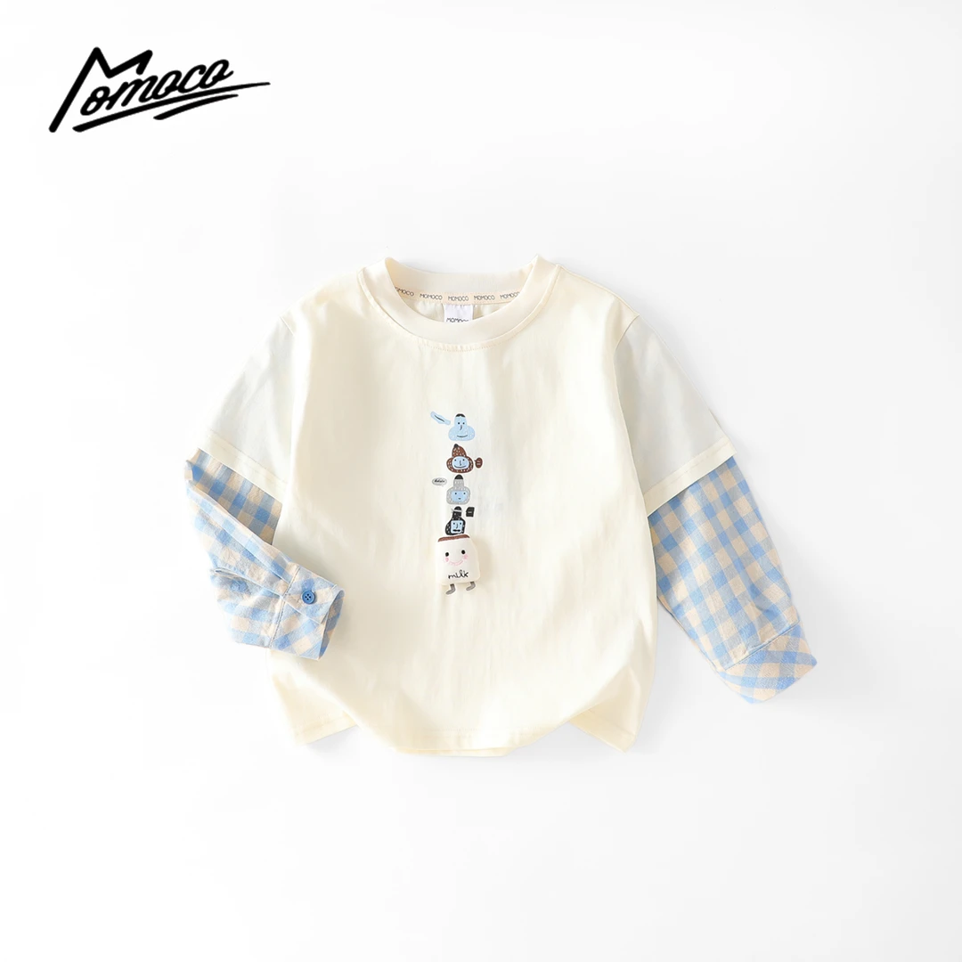 MOMOCO2025款秋季新款男童假两件印花小卡通长袖T恤77330235024