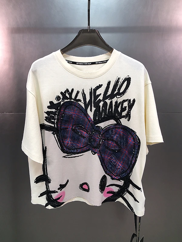 KT猫可爱短袖T恤女宽松新款2025爆款潮牌重工潮流洋气欧货高级