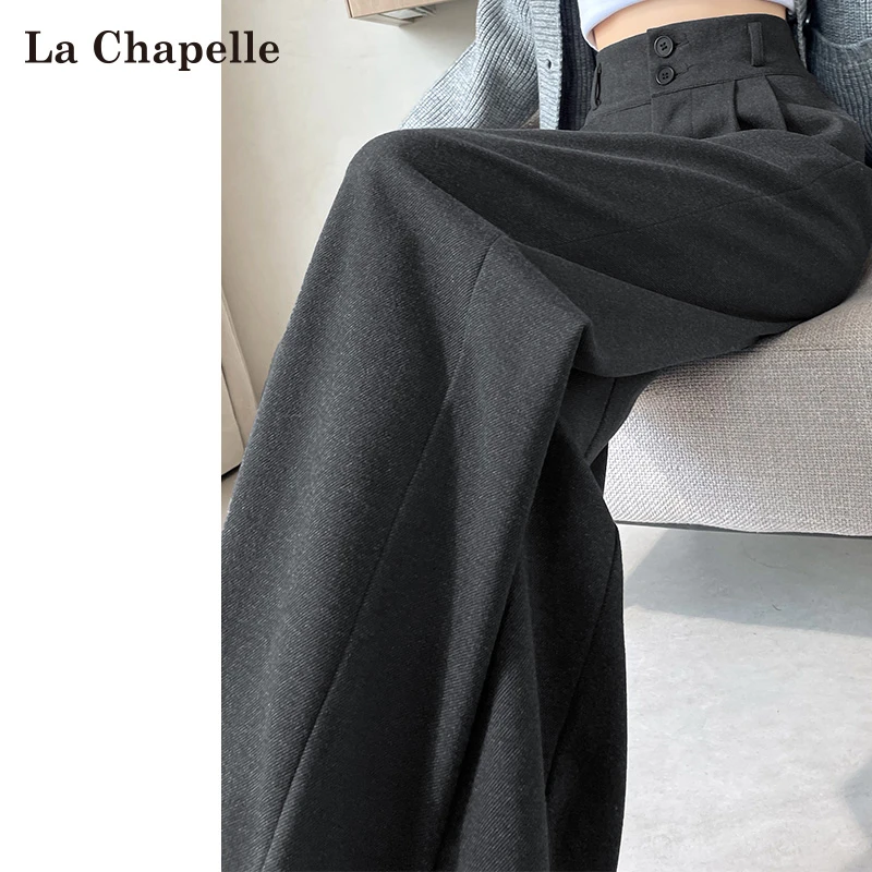 拉夏贝尔灰色高级感毛呢西装裤女2025秋冬新款高腰直筒窄版阔腿裤