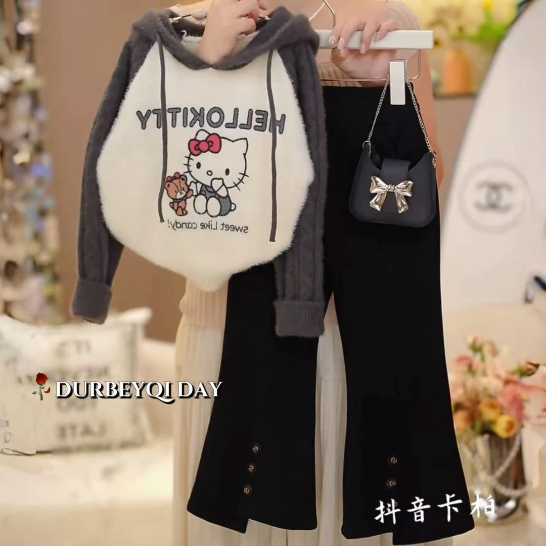 DURBEYQI/朵贝奇女童2025秋季新款卡通绒感KT毛衣微喇裤套装5770