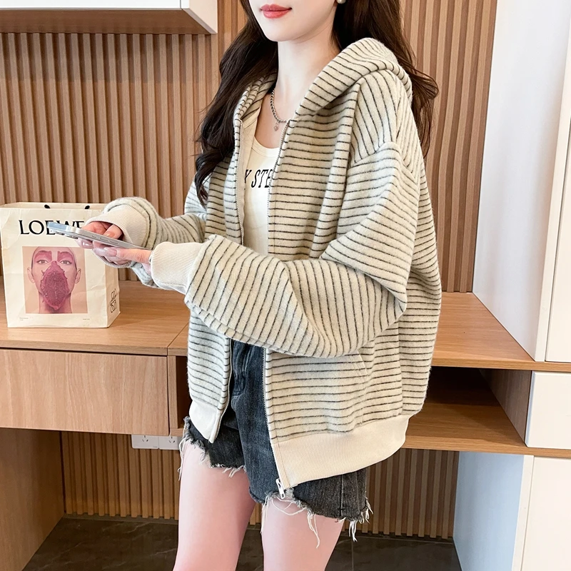 宽松慵懒风条纹开衫卫衣外套女2025秋季拉链连帽休闲oversize上衣