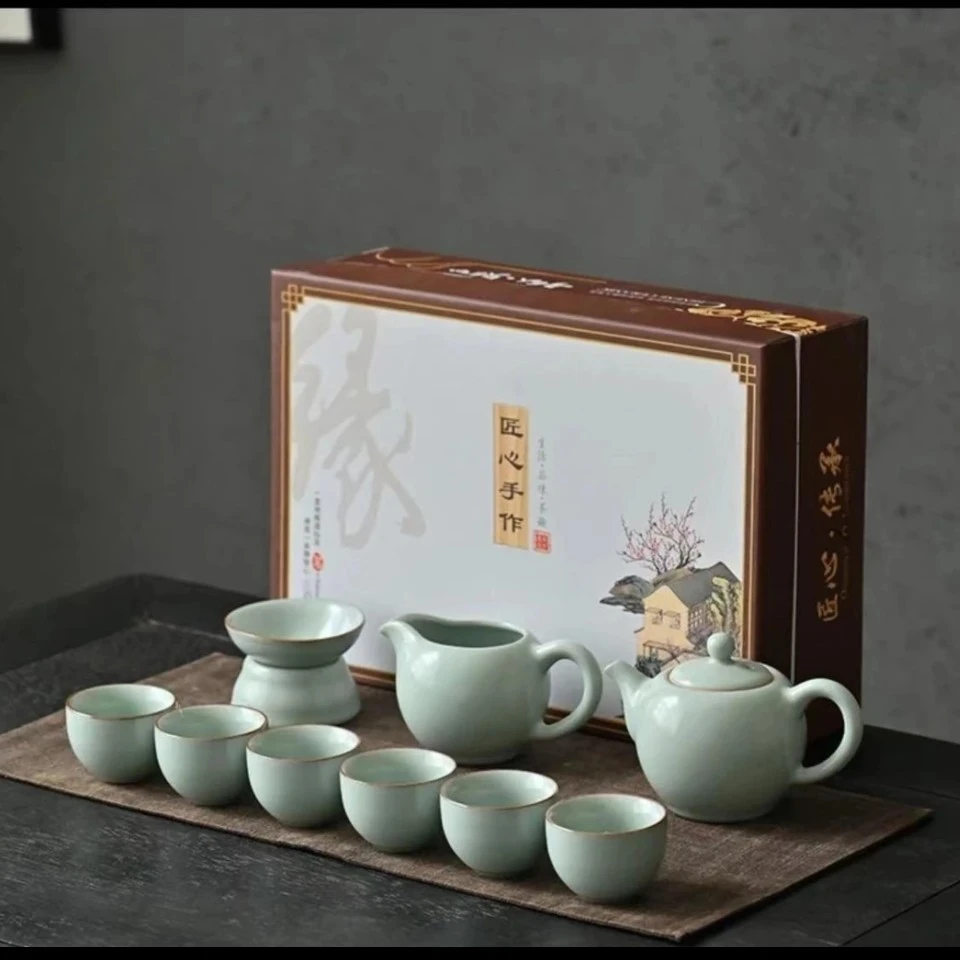 A 40汝窑天青色开片可养铁线茶具礼盒装家用高档陶瓷简约中式精美