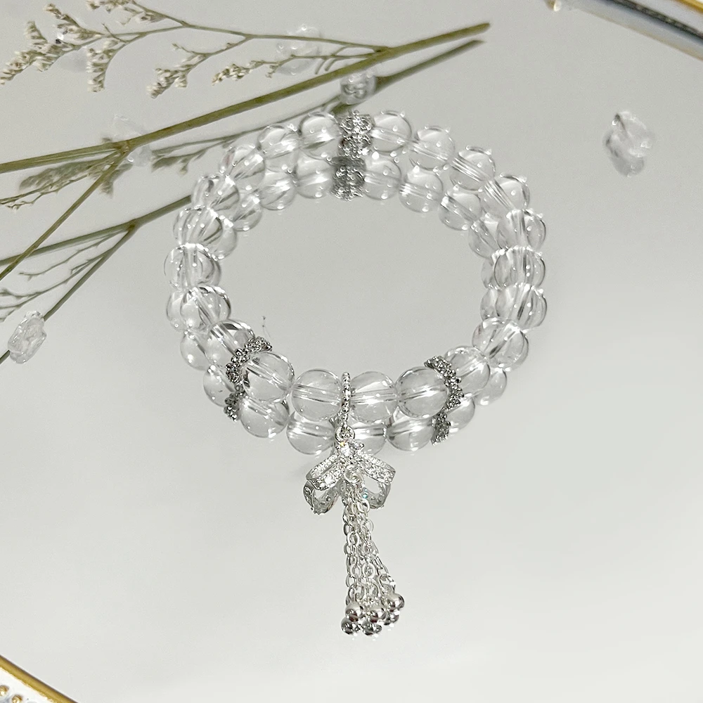 「带证书」天然白水晶手串蝴蝶结手链8mm年轻百搭显气质设计款小众
