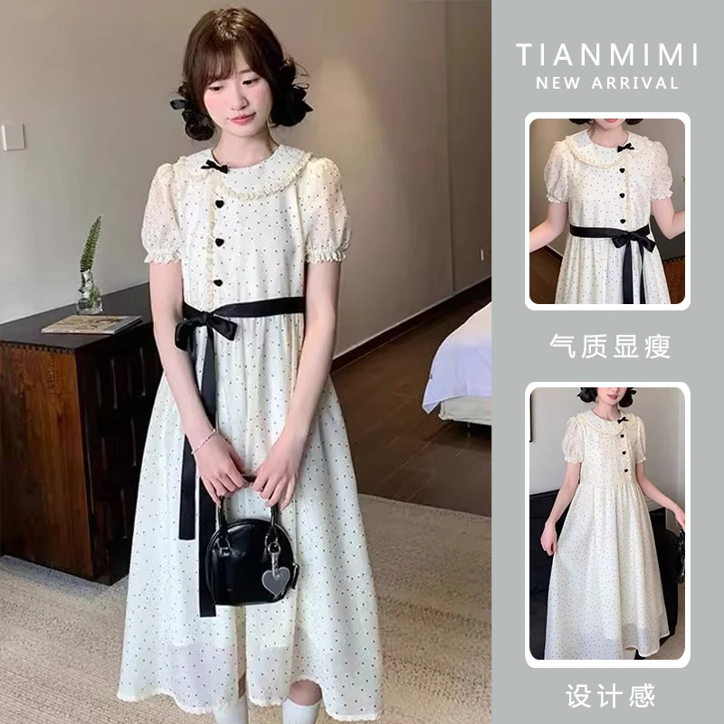 Y3986#5.22夏季甜美花边娃娃领波点印花不对称设计感孕妇连衣裙