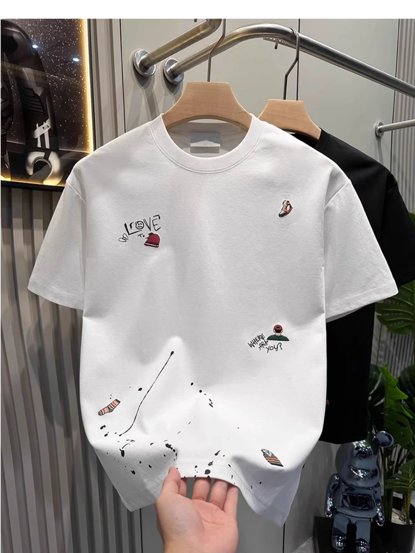 高端个性刺绣短袖t恤男潮牌潮流衣服2025夏季新款男士圆领半截袖