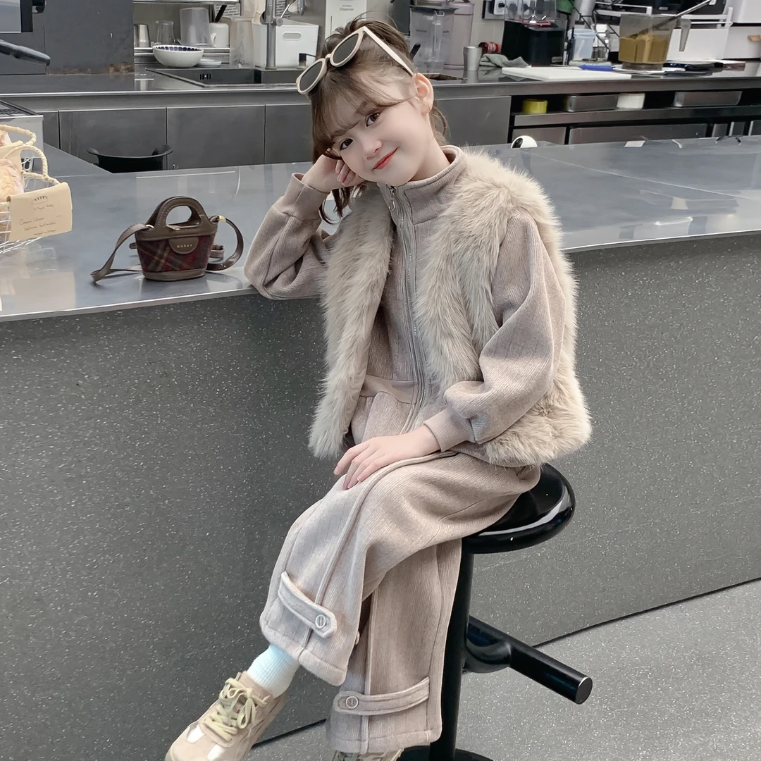 女童套装秋冬款2025新款儿童网红洋气时髦小香风马甲冬装三件套厚