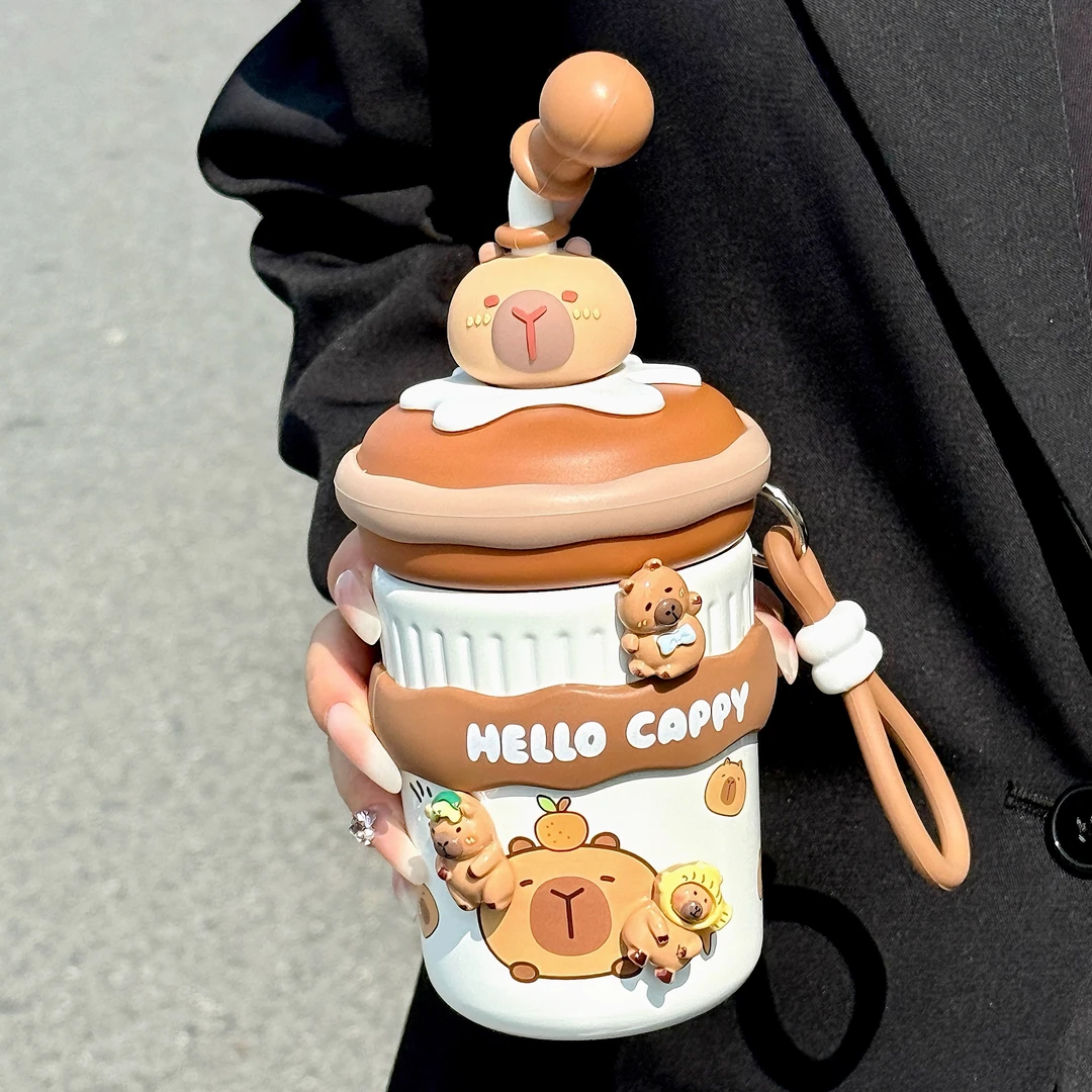 可爱水杯保温杯学生上学专用办公室咖啡杯卡皮巴拉搅拌吸管杯子女