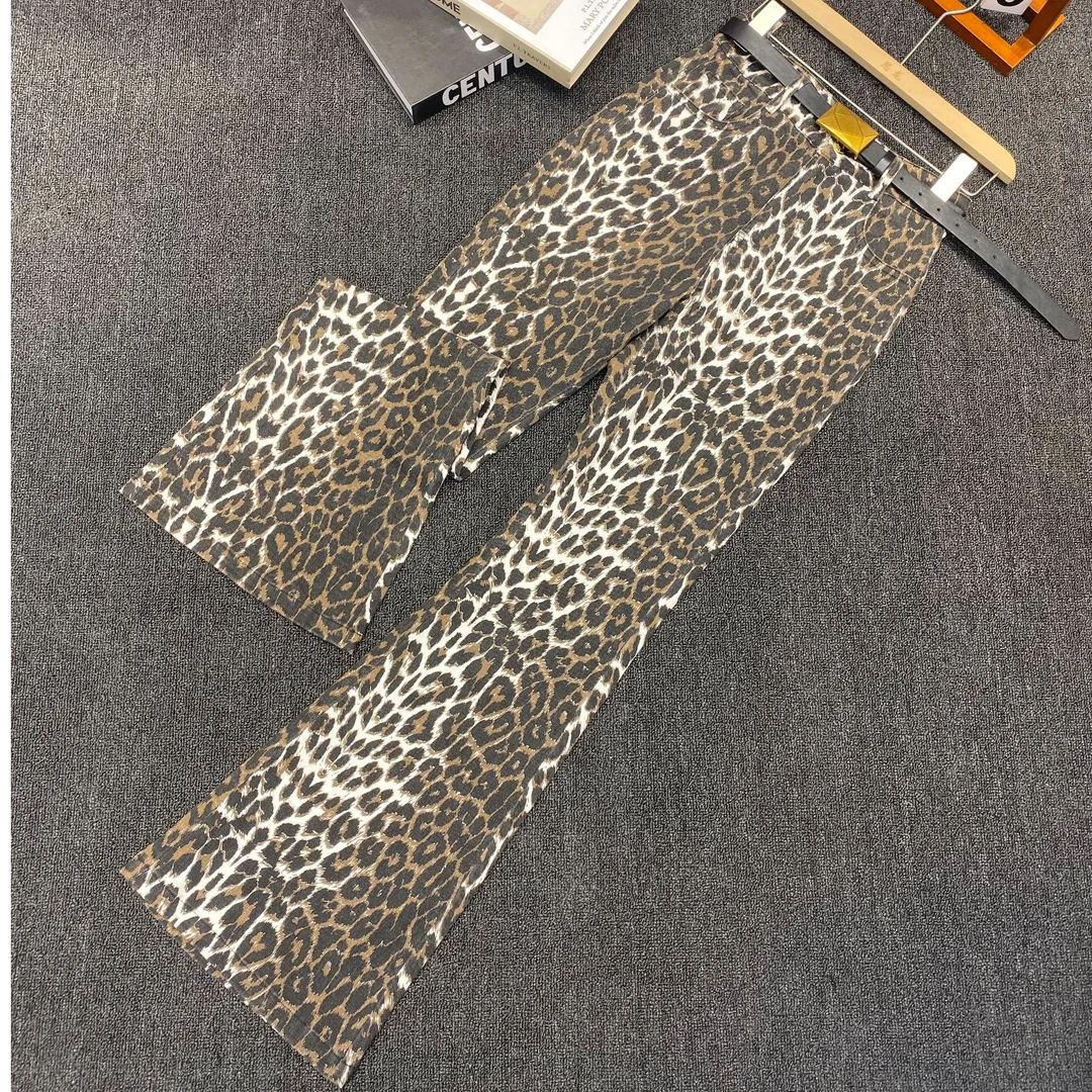 【漫老板】2922高品 定制 超重工满钻豹纹牛仔喇叭裤