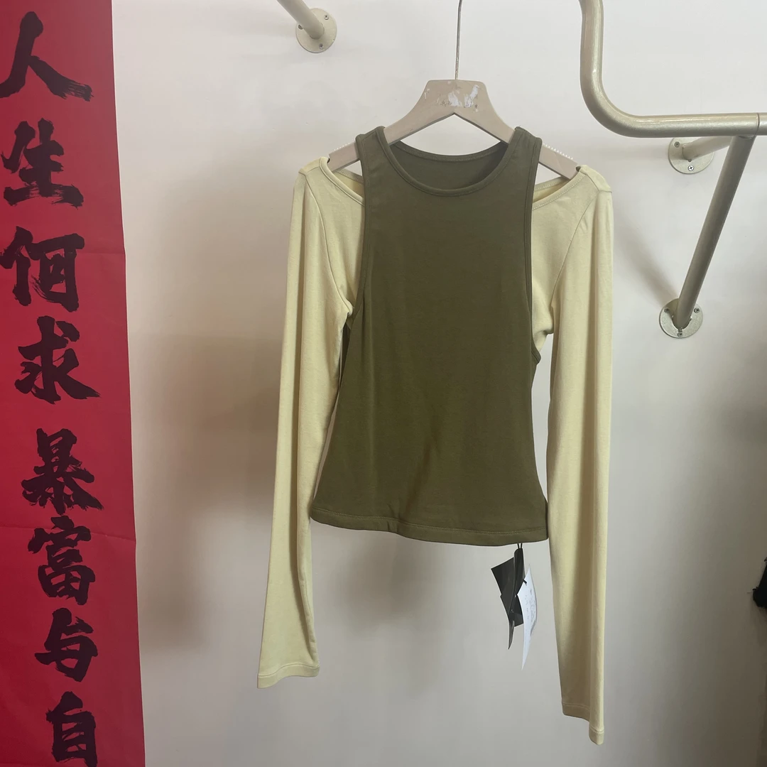 EGO-FAI108拼接长袖修身型T恤圆领修身短款绿色运动套装假两件