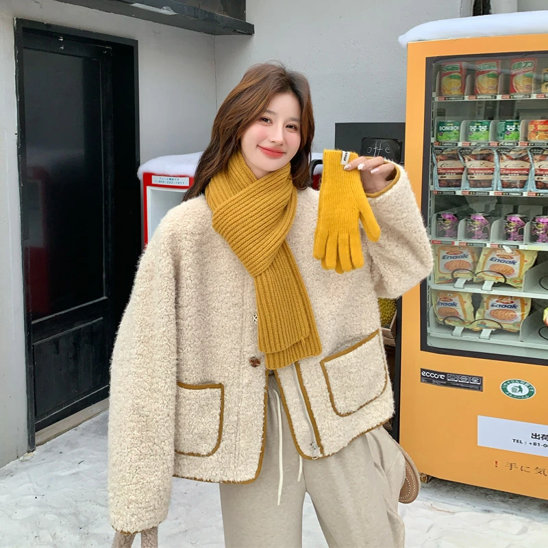 韩系松弛感羊羔毛皮毛一体外套2025冬季新款小众ins风时尚厚棉衣