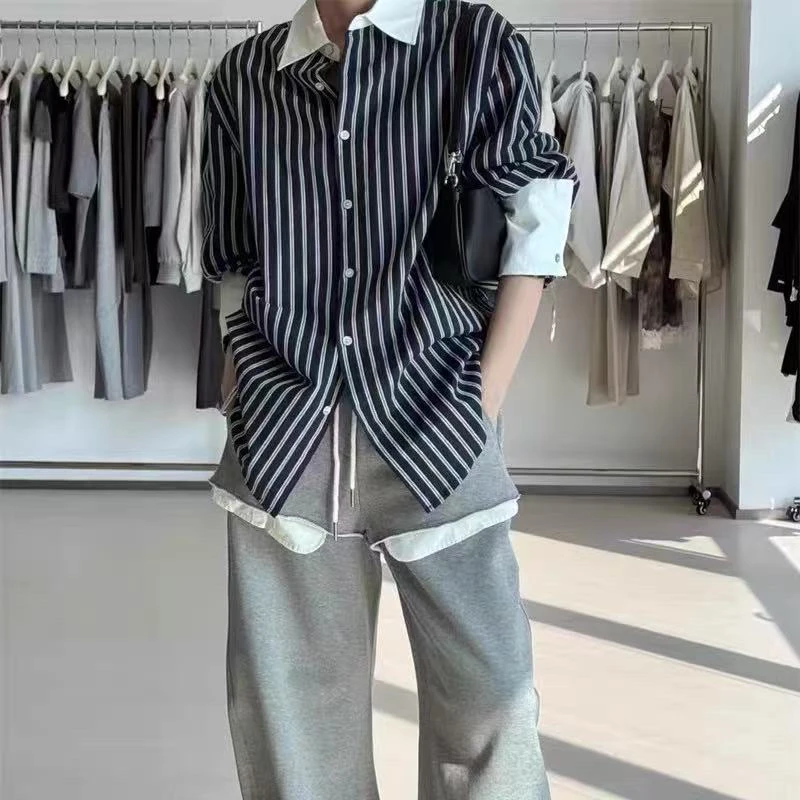 流行独特条纹翻领长袖衬衫女时尚百搭舒适上衣