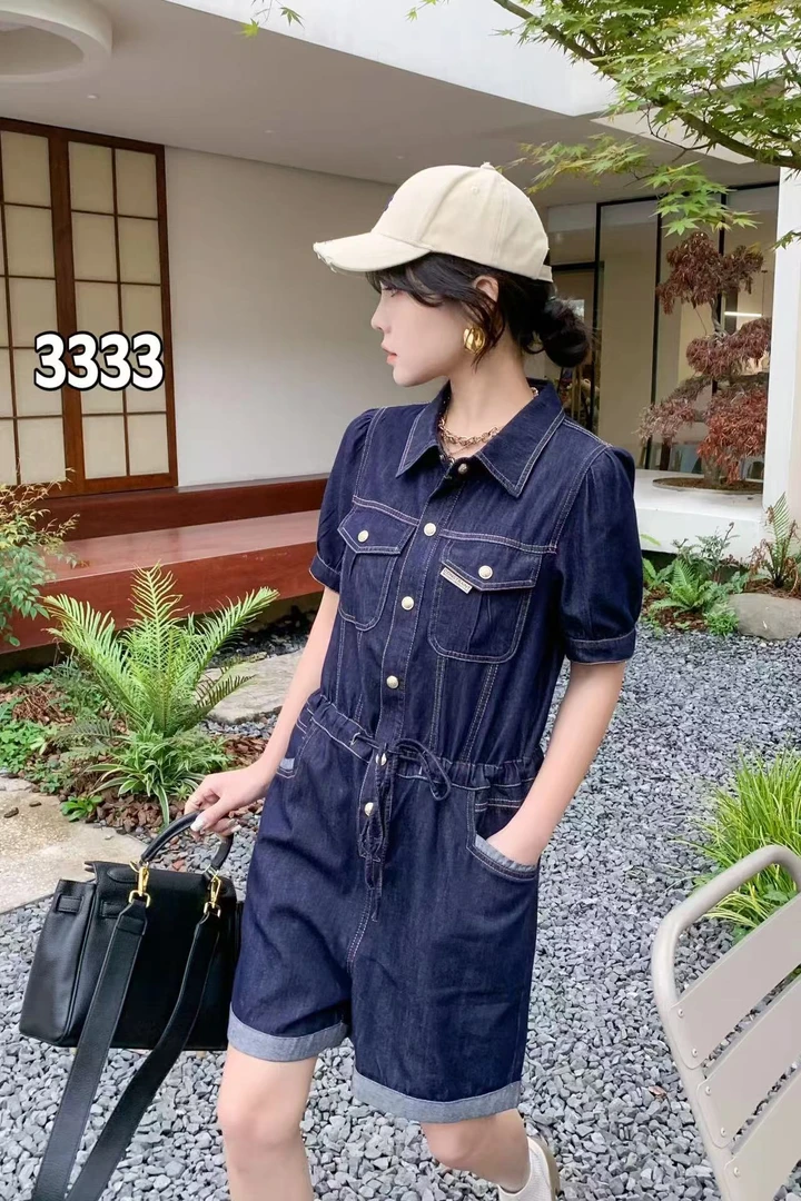 3333#腰部抽绳款牛仔连体裤女短裤韩版显瘦时尚休闲百搭夏季新款