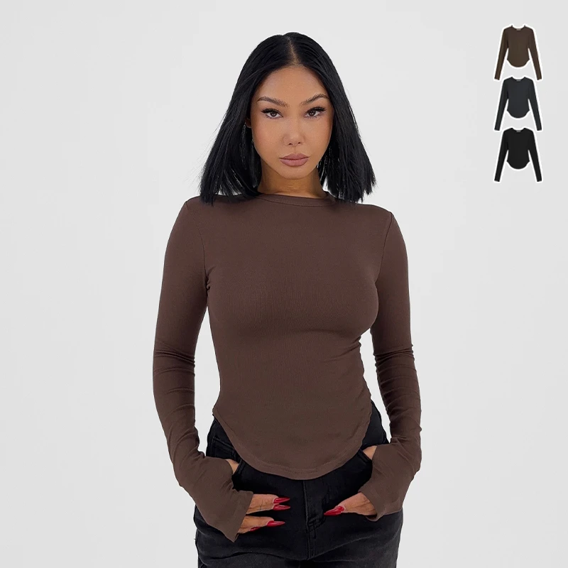 圆领打底衫女2025春新款针织螺纹高密高弹紧身燕尾长袖上衣咖啡色