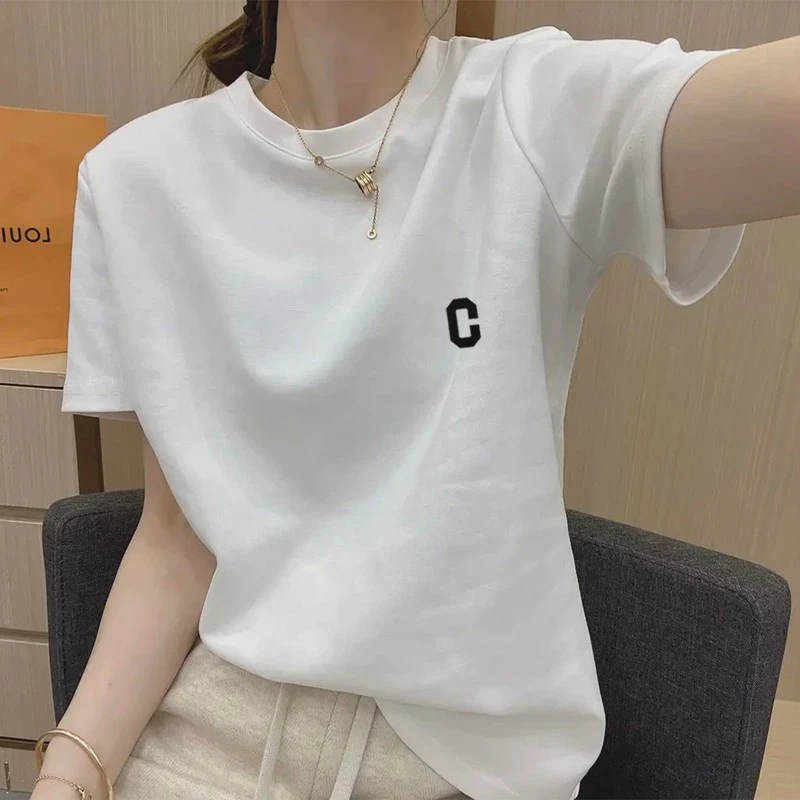 正肩短袖t恤女2025新款爆款白色圆领上衣女设计感小众高级感夏季