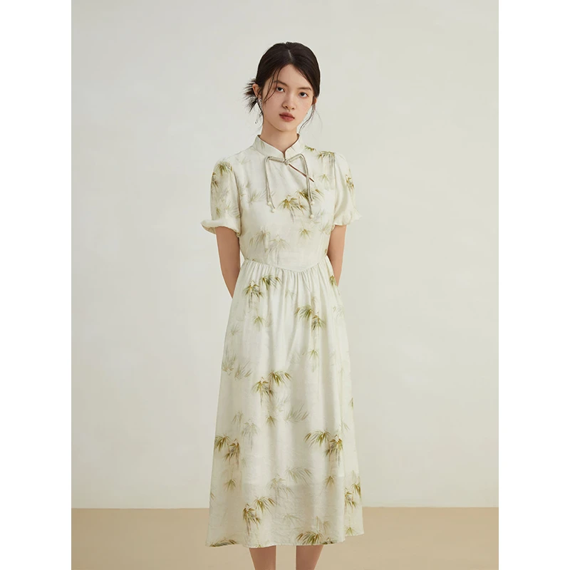 自巧小个子女装穿搭国风新中式连衣裙收腰显瘦中长裙子23ZQ92573