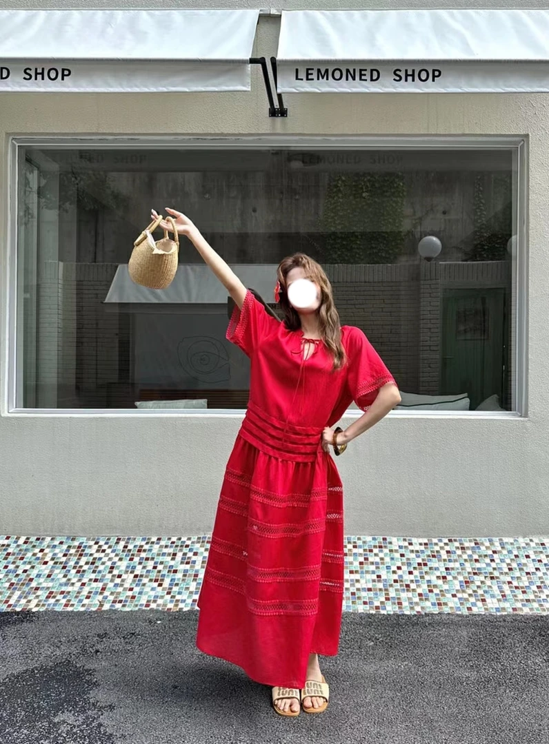 89063纯色高级连衣裙拼接波西米亚风