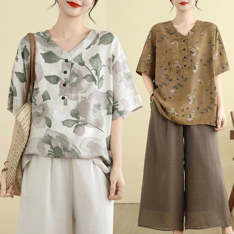 中老年女装V领时尚薄款复古显瘦减龄洋气中老年棉麻印花短袖上衣
