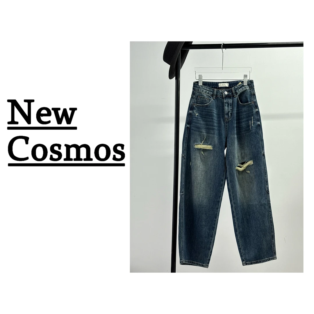 【NEW COSMOS】复古港风百搭牛仔裤直筒哈伦裤破洞牛仔裤水洗H0717