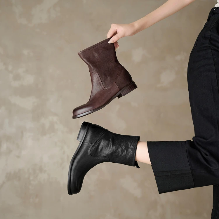 2.5cm 英伦风通勤休闲百搭短靴秋冬法式复古简约时尚侧拉链短筒靴