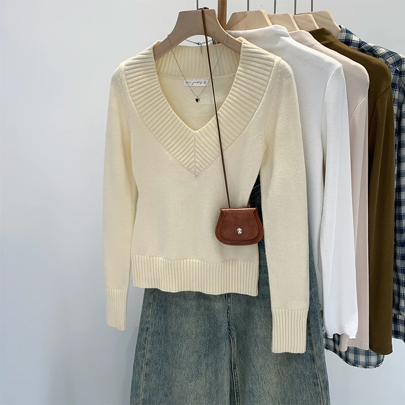 【YD】复古V领收腰长袖针织衫纯色修身显瘦内搭打底衫M758