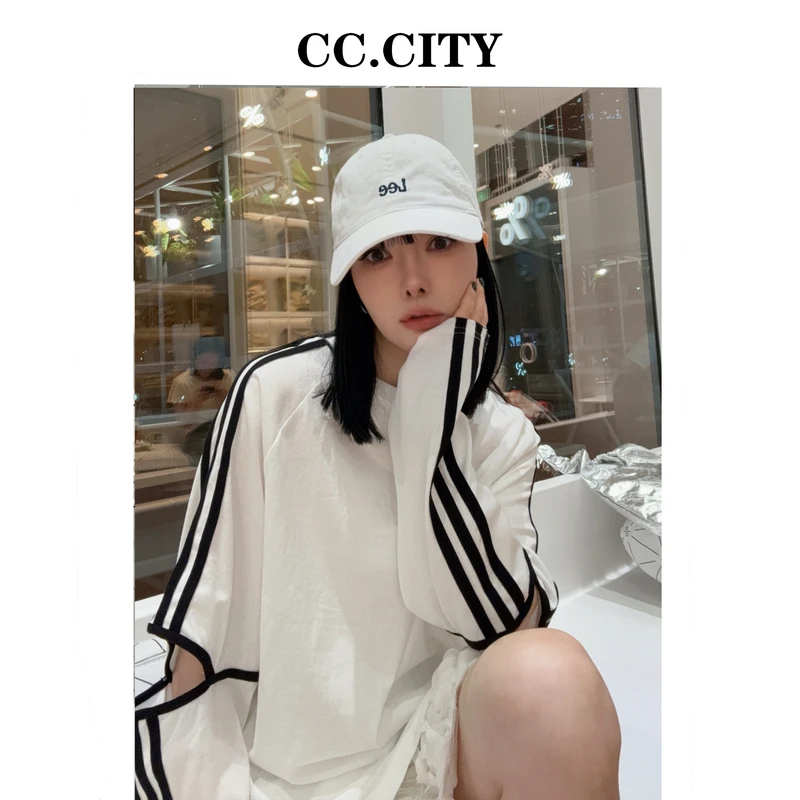 【蔡丽丽 & 添羽 】时尚洋气百搭个性运动薄针织宽松T恤衫w7585