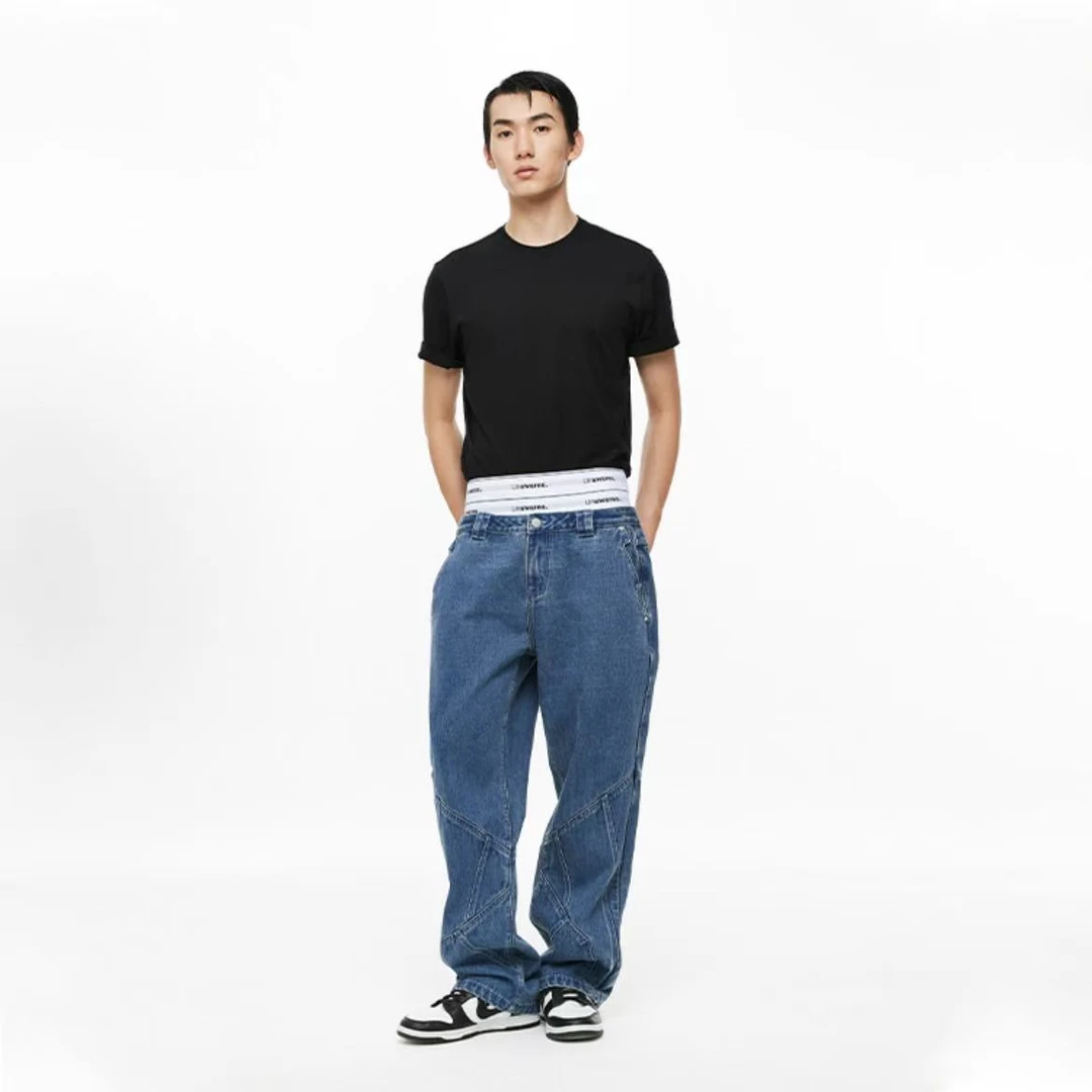 H-52【UNA】买手店潮牌男女同款双层腰拼接剪裁牛仔裤 3MB07