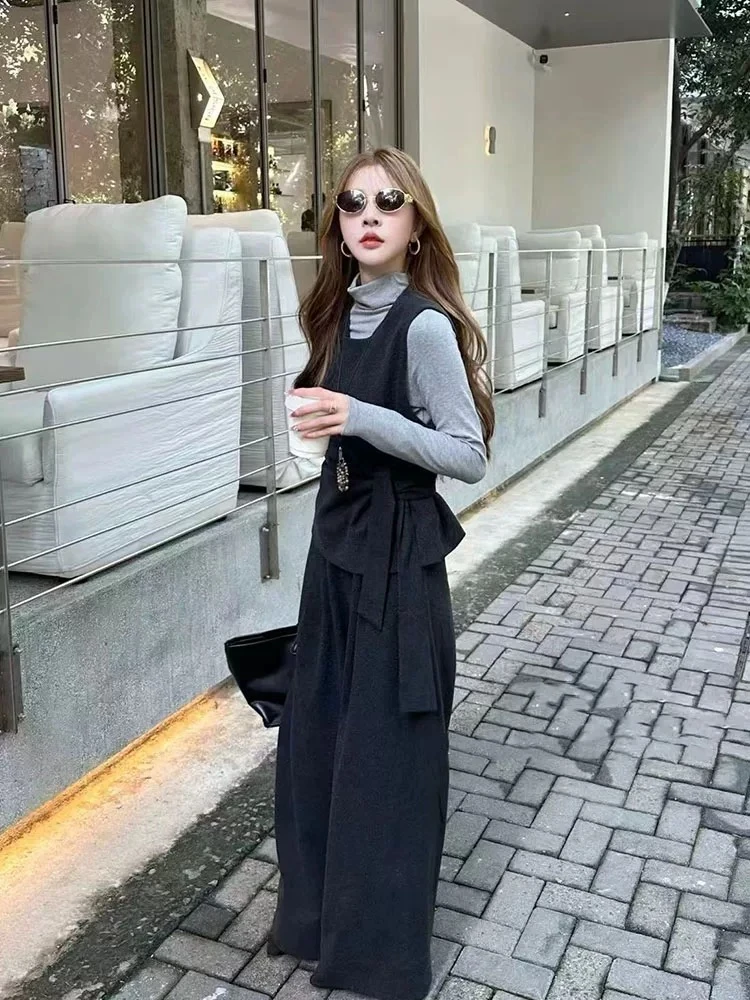 高领打底+背心阔腿裤三件套女欧货2025秋季新款简约气质马甲套装