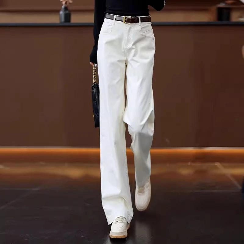 白色直筒牛仔裤女春秋2025新款高腰垂感宽松休闲小个子窄版阔腿裤
