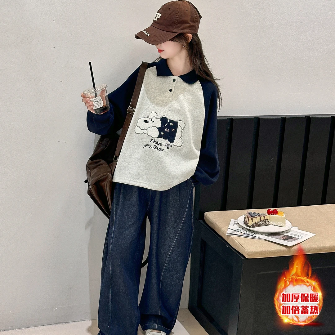 女大童加绒卫衣套装秋冬青少年初高中生POLO衫牛仔裤一体绒两件套