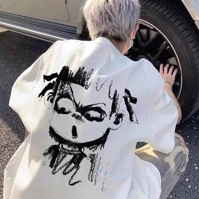 朝怡卡通涂鸦哪咤短袖t恤男国潮重磅宽松半袖衣服潮牌半袖体恤衫