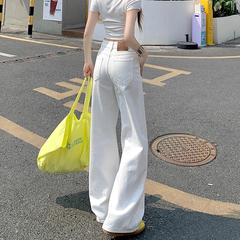 白色阔腿牛仔裤女春夏季2025年新款宽松显瘦一字口袋小个子直筒裤