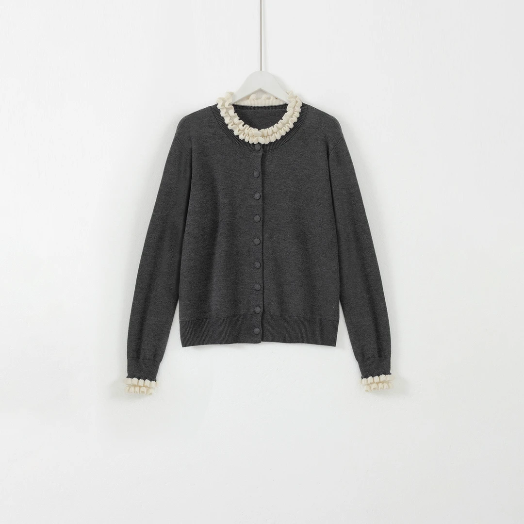 几里与麻 撞色木耳花边领毛织开衫 衣长52胸围98 2092044