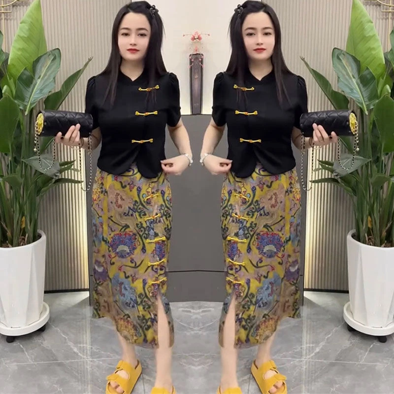2025年夏季网红新款时尚高级感新中式盘扣上衣衫花色半身裙套装女