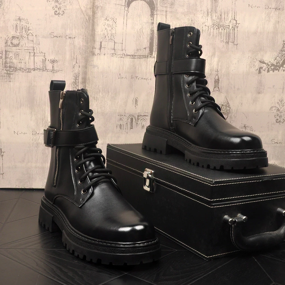 男士系带修面皮中筒马丁靴秋冬男士靴子时尚厚底高帮皮靴户外长靴