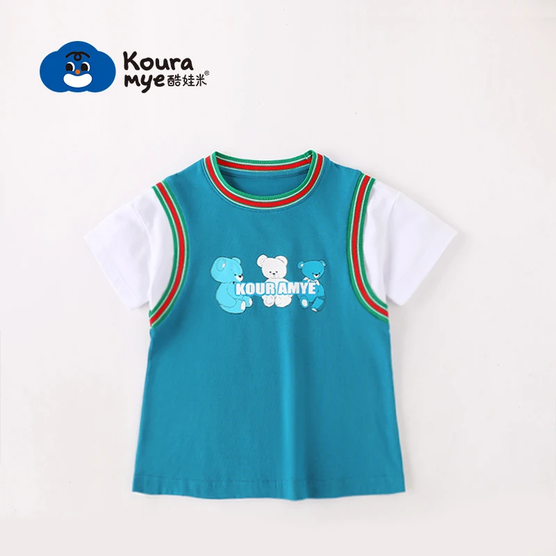 酷娃米夏季新款女童T裙中小男童卡通小熊套装百搭短袖兄妹装50067