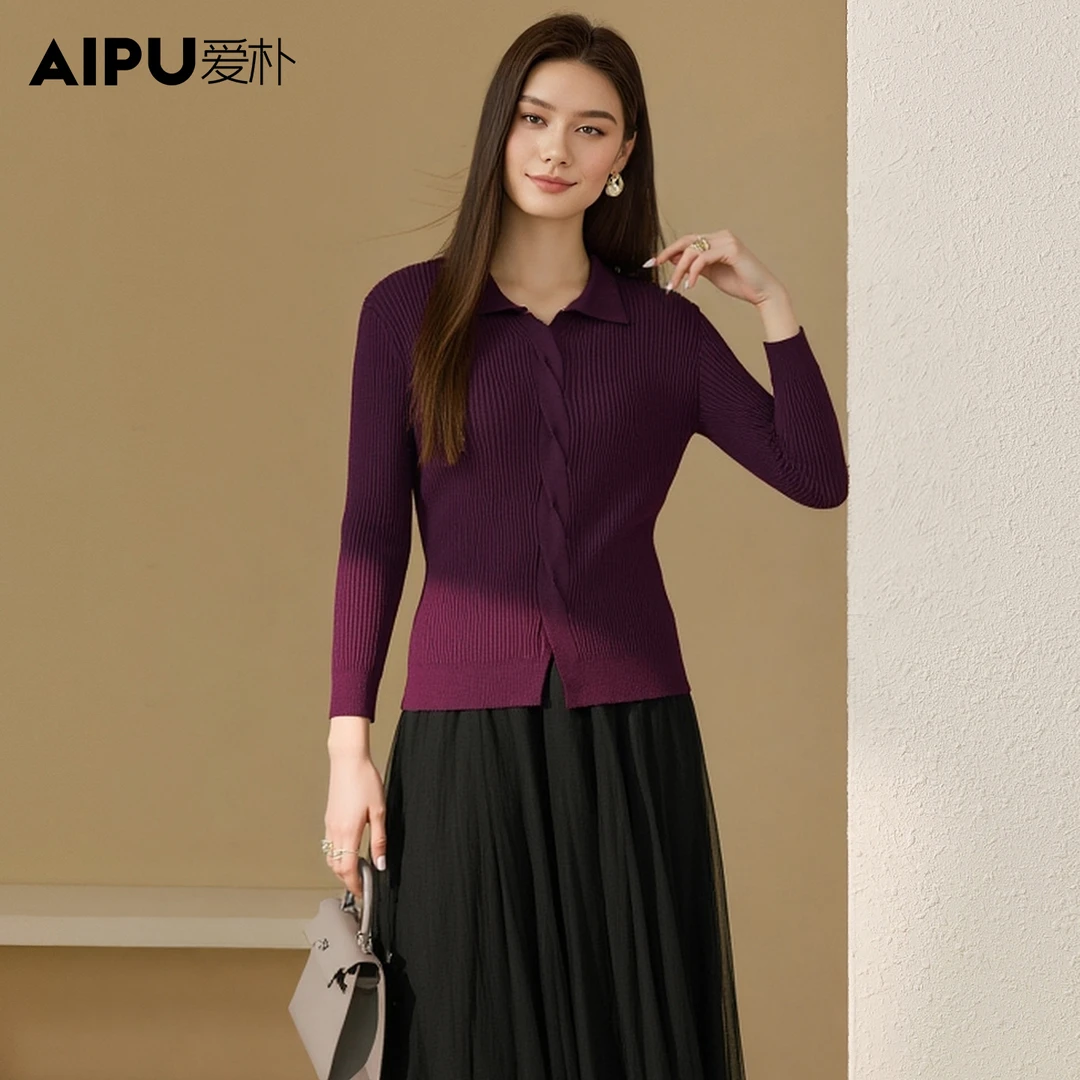 爱朴大码女装25年秋新款长袖毛针织衫显瘦袖翻领上衣女66745