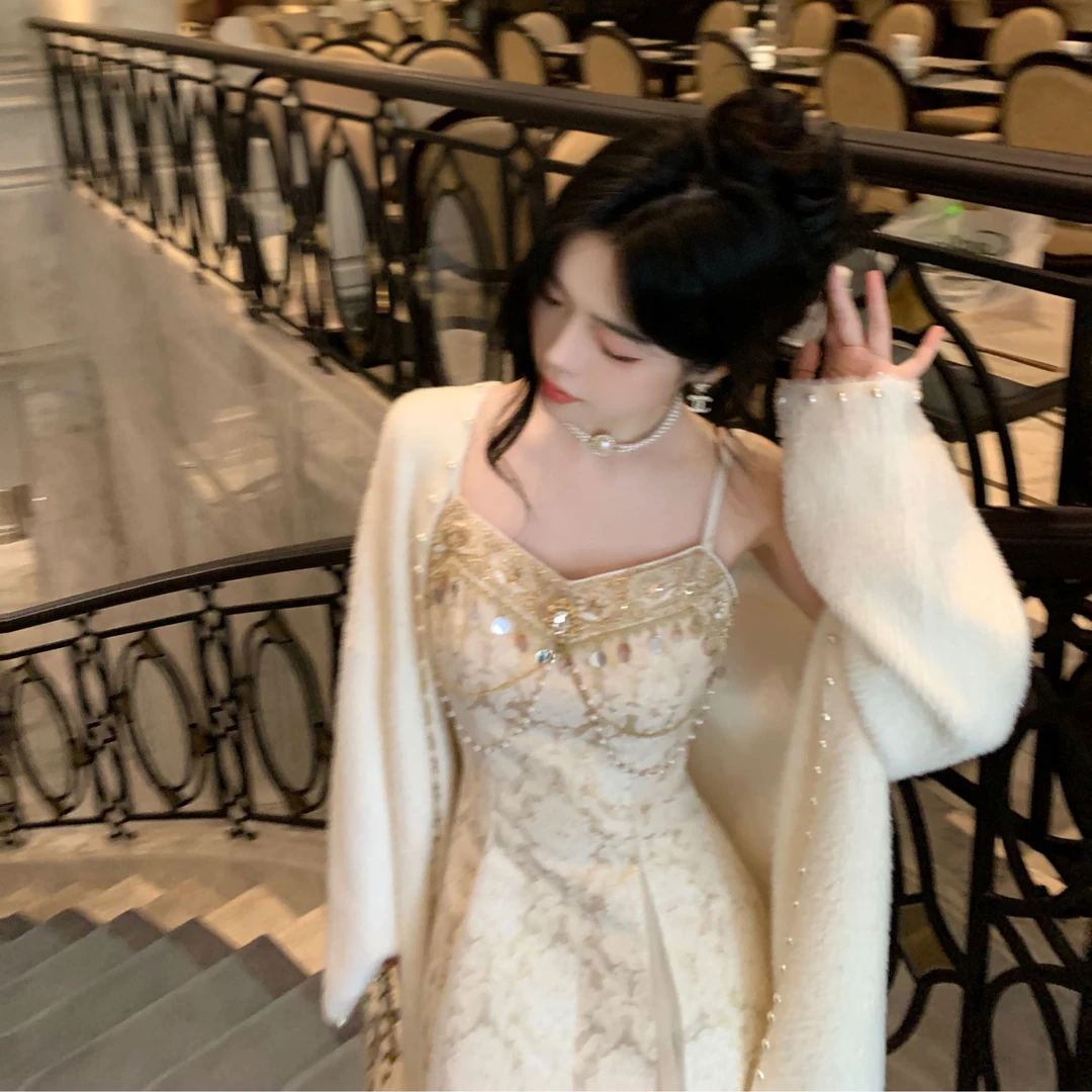 Blovelan流光香槟 小众设计法式复古宫廷风珠链吊带连衣裙