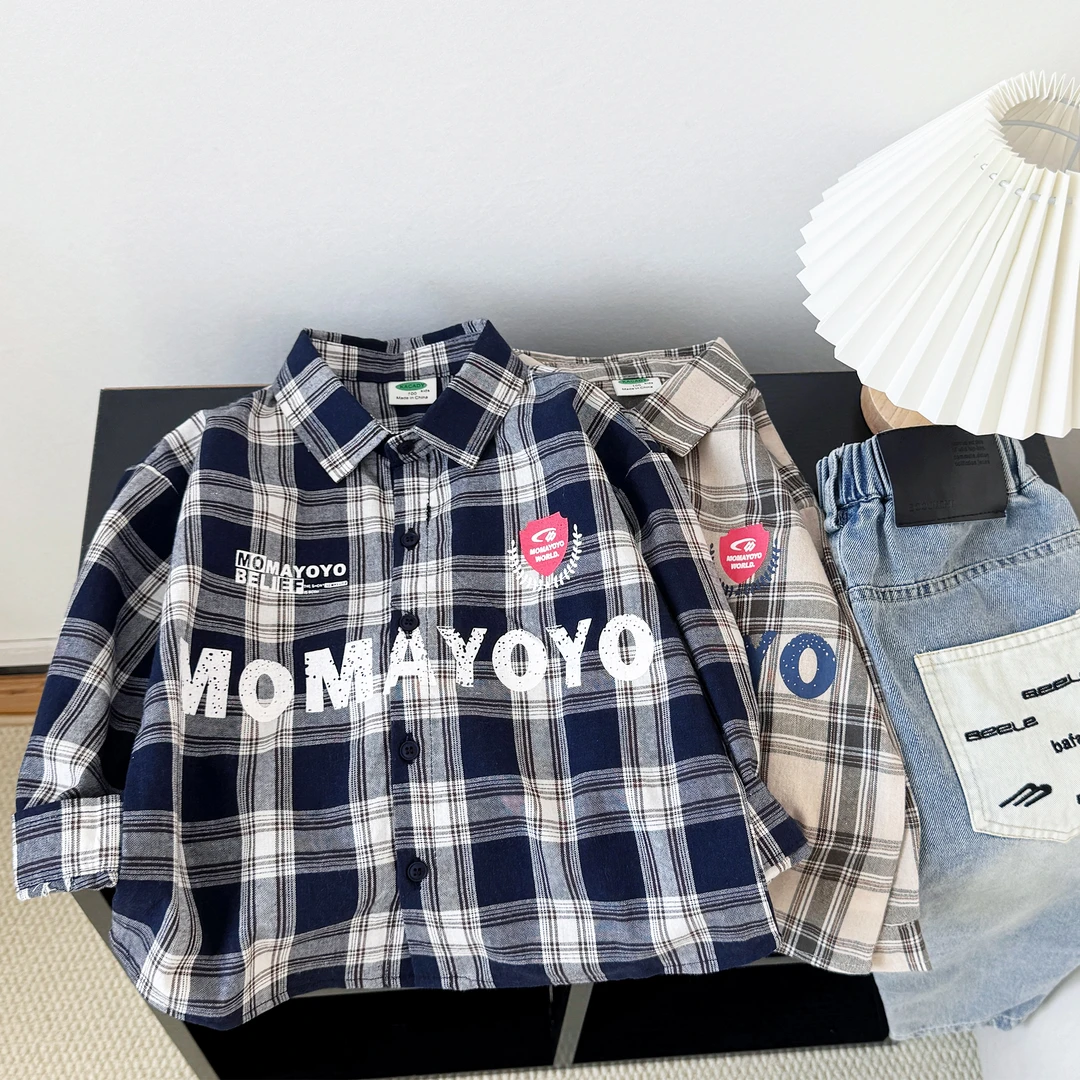 儿童格子衬衫男童衬衣春秋新款中大男宝宝洋气韩版宽松上衣薄外套