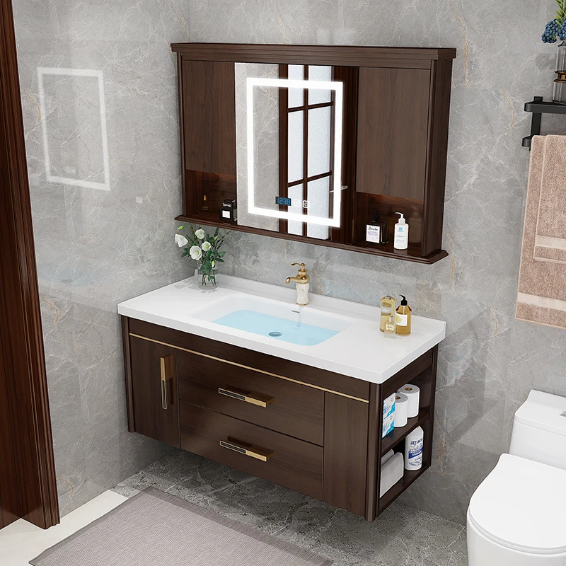 现代新中式浴室柜组合橡胶木岩板热弯一体盆奢石中古风洗脸洗手盆
