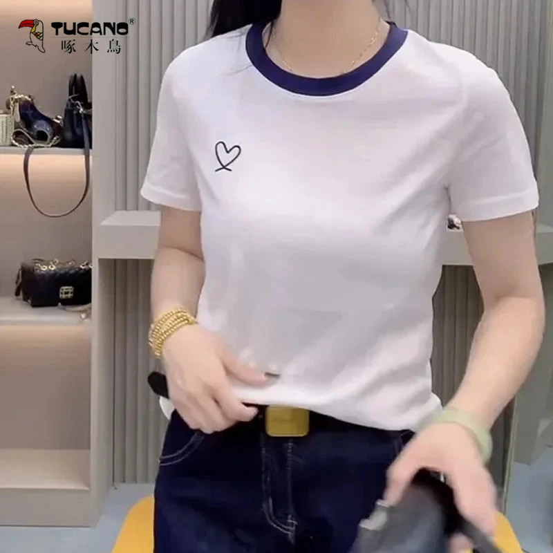 啄木鸟正品弹力棉刺绣极简风短袖吸汗宽松型T恤休闲拼接古风