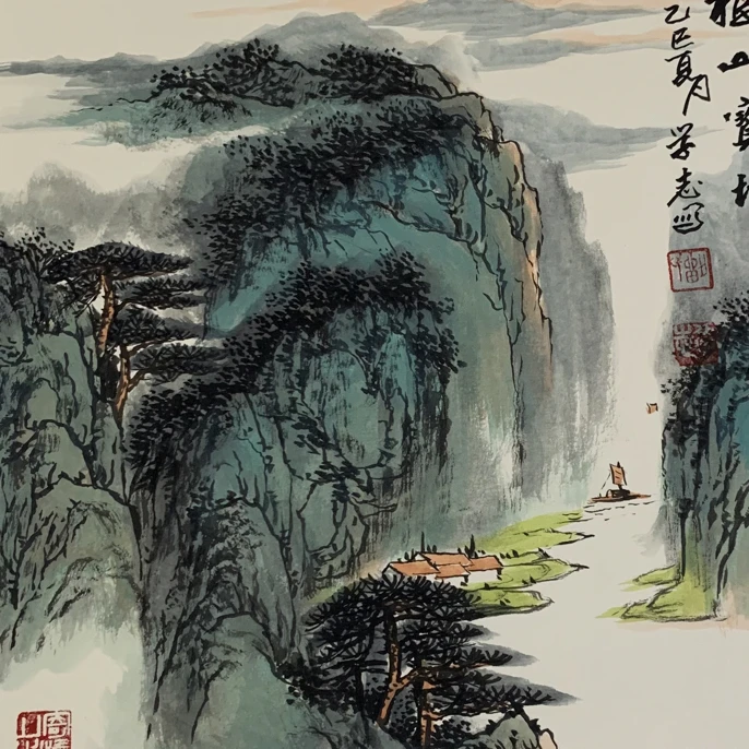 宣纸卡纸国画山水福山宝地5 0 X 50精品无框