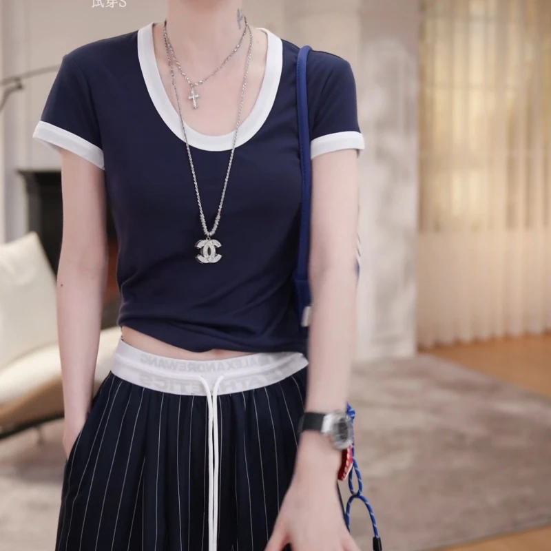 2025夏季简约撞色休闲拼接短袖t恤百搭显瘦修身上衣女LK2502448