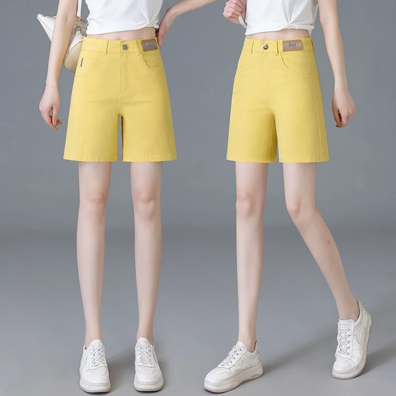 黄色牛仔短裤女春夏2025新款高腰宽松显瘦百搭A字阔腿休闲五分裤