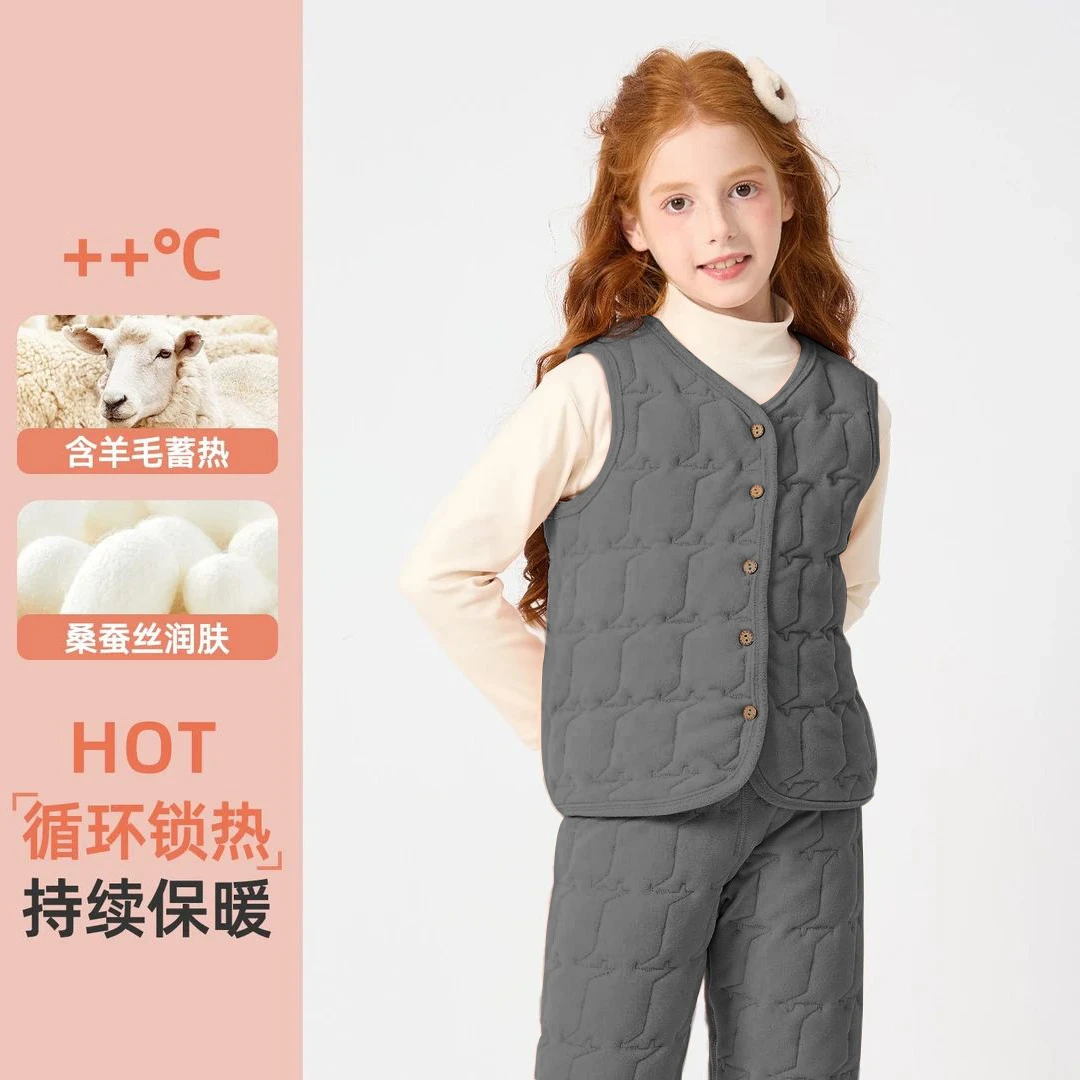 秋冬季休闲风厚款格子秋冬男蓄热女马甲循环润肤温变羊毛保暖套装