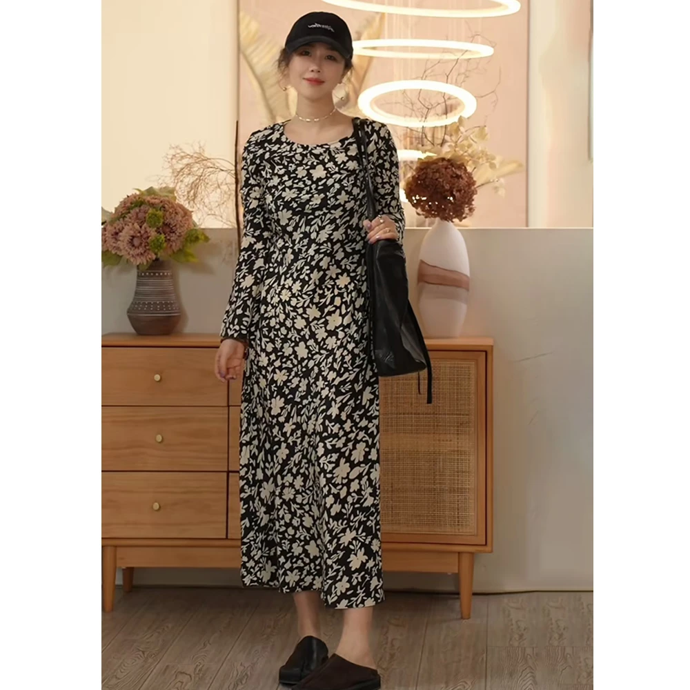 【叭哒不惑】花间舞桑蚕丝黑底碎花连衣裙喇叭袖设计感气质长裙女