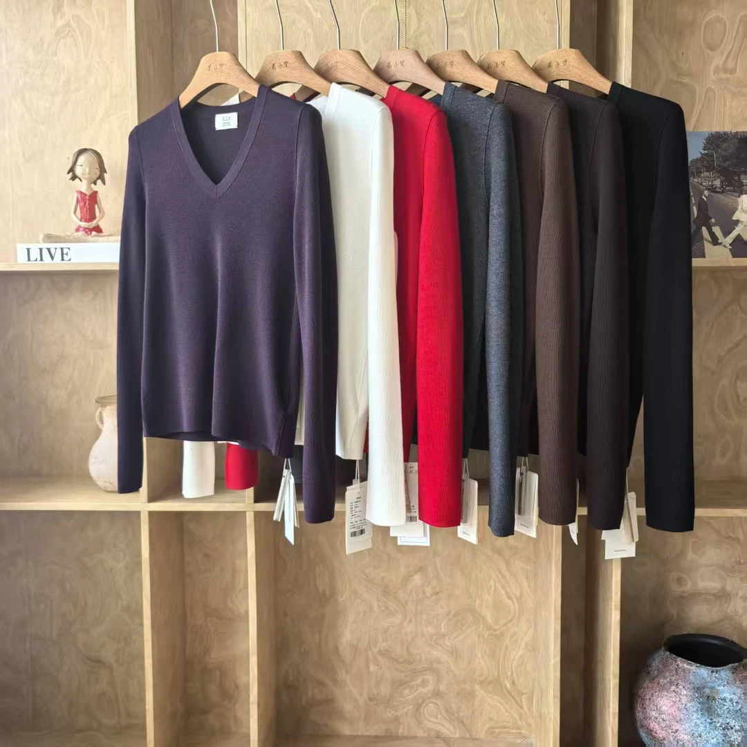 76322极细美丽诺羊毛V领极简纯色打底衫J