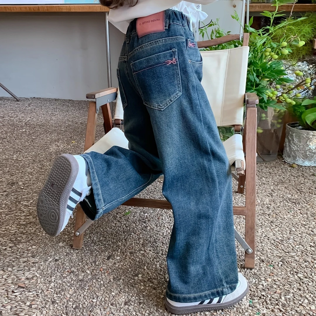 女童加绒牛仔裤春秋2025新款洋气女孩宽松阔腿裤直筒休闲童装女童