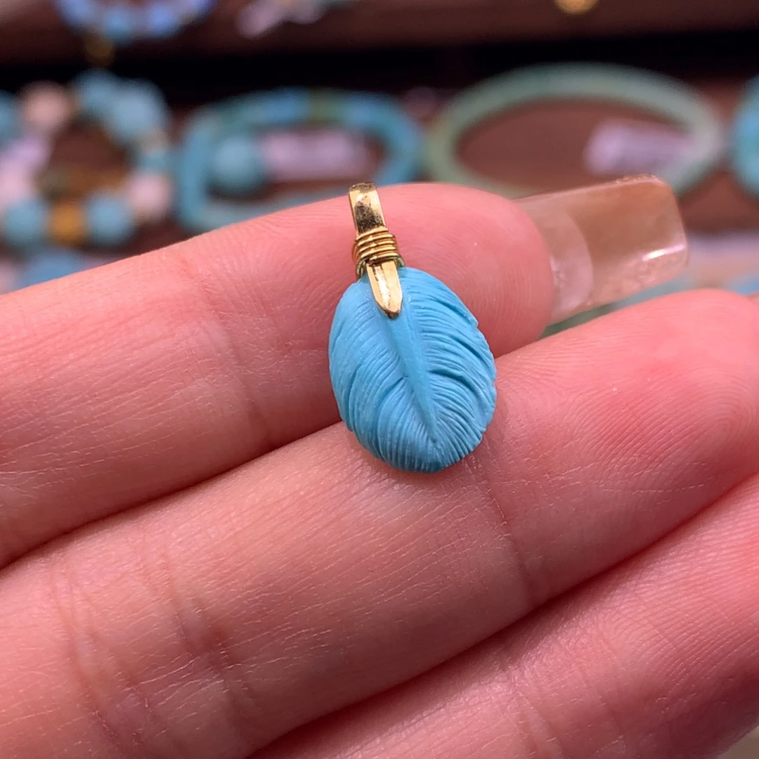 绿松石珠宝奇石18K金镶嵌羽毛