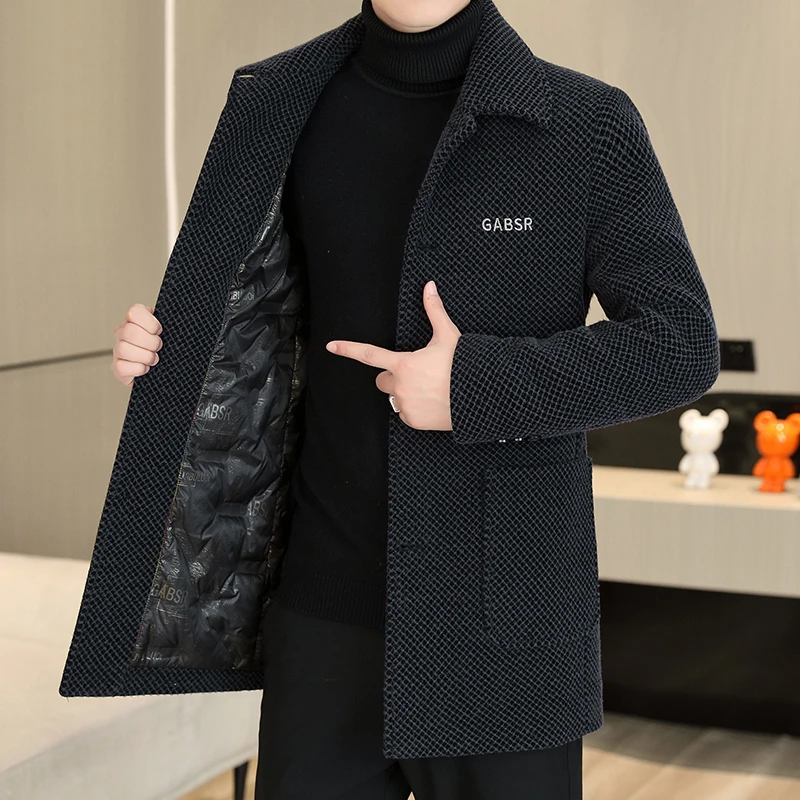 默尼密司翻领羽绒服男中长款秋冬季休闲加厚爸爸装毛呢风衣外套